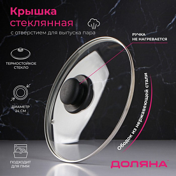 Крышка стеклянная для сковороды и кастрюли «Доляна», d=24 см, нерж. обод, пластик. ручка/9293625