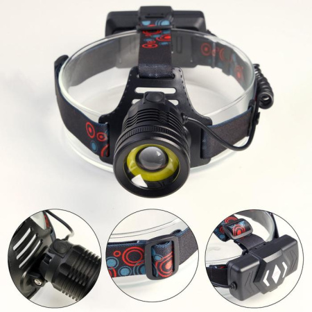 Фонарь налобный аккумуляторный 10 Вт, 2х1200 мАч, USB, T6, COB, zoom /6117049