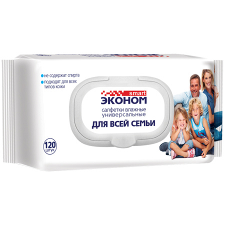 Влажн. салф. Эконом Smart 120шт. Универсальн. Для всей семьи, с пласт. клапаном 