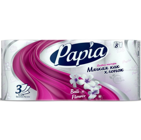 Туалетная бумага PAPIA белая с ароматом Bali Flower и рисунком трёхслойная, 8 шт