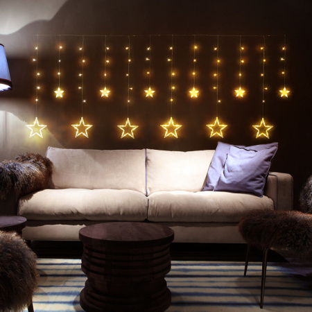 Электрогирлянда "Бахрома с звёздочками" 138 теплых LED ламп, 12 нитей, с пультом, контроллер 8 режим
