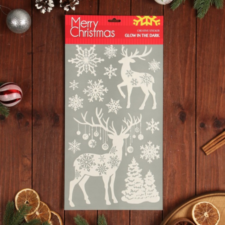 Наклейки на окна "Новогодние" олени, снежинки, 48 х 24 см/7007011