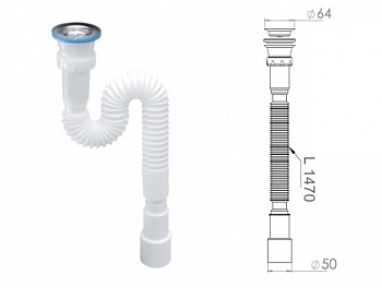 Сифон 1 1/2"х40/50 гофрированный (удлинённый), выпуск 64мм, AV Engineering (AVE129782)
