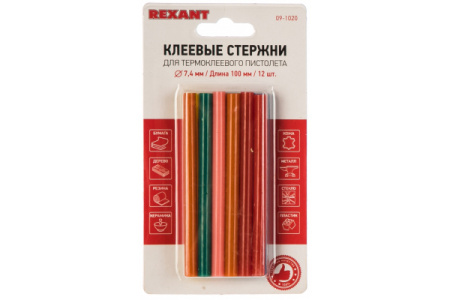 Стержни клеевые d=7,4 мм, L=100 мм, цветные (упак. 12 шт.) 09-1020