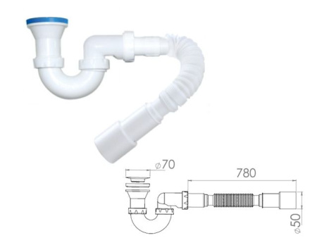 Сифон для душевого поддона U-образный h 130mm, выпуск 70 мм, с гибкой трубой 1 1/2" - 40/50/129723