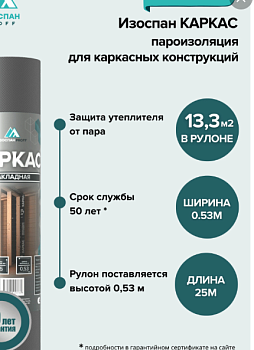 Изоспан Каркас - пароизоляция 13,3 кв.м. ширина 0,53м., длина 25м.