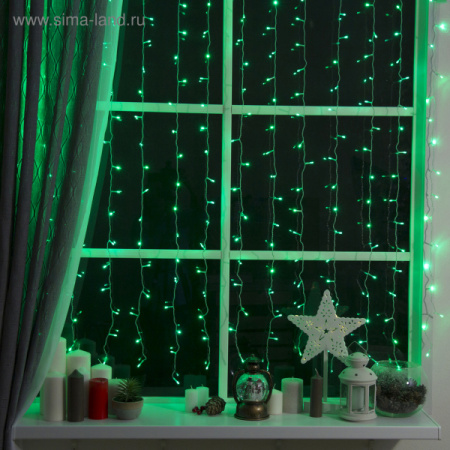 Гирлянда "Занавес", УМС вилка 2 х 1.5 м, LED-360-220V, 8 реж., нить прозрачн., свечен. зелён.1080465