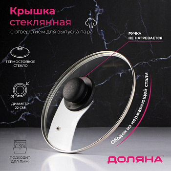 Крышка стеклянная для сковороды и кастрюли «Доляна», d=22 см, нерж. обод, пластик. ручка/9293624
