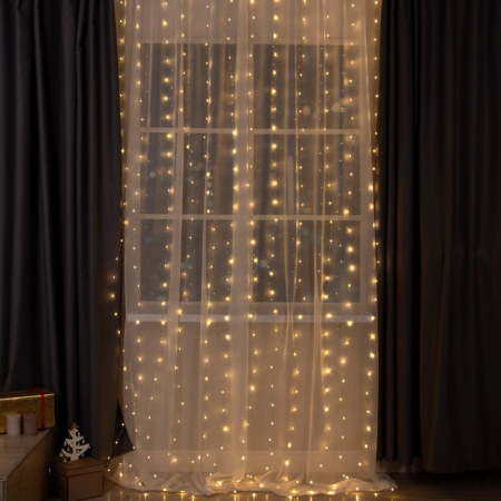 Гирлянда «Занавес» 2×3м роса,серебристая нить, 450 LED, свечение т/белое, 8 режимов,220В /5206150 