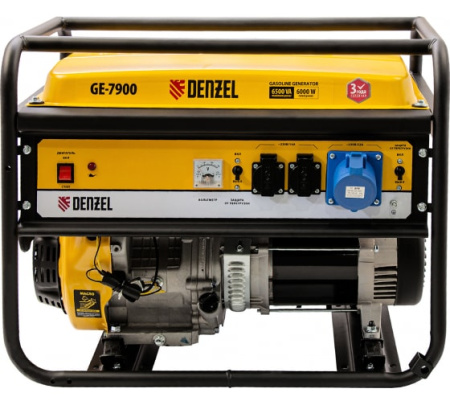 Генератор бензиновый GE-7900, 6,5 кВт, 220В/50Гц, 25 л, ручной старт// Denzel