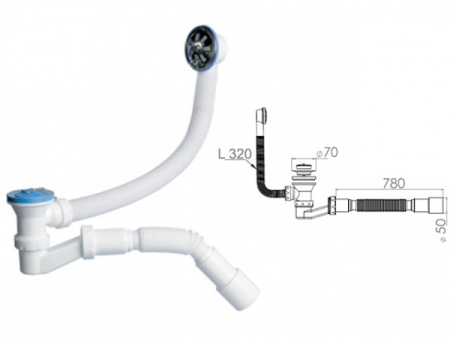 Сифон для ванны низкий h 120mm, с выпуском и переливом 70 мм, с гибкой трубой 40х40/50, AV Engineer 