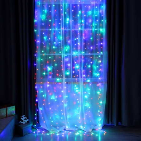 Гирлянда «Занавес» 2 × 3 м, IP20, прозрачная нить, 720 LED, свечение мульти, 8 реж., 220 В /1080470