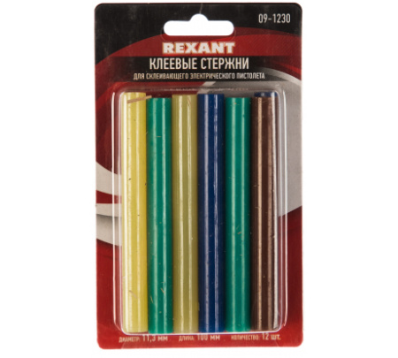 Стержни клеевые d=11,3 мм, L=100 мм, цветные (упак. 12 шт.)  09-1230