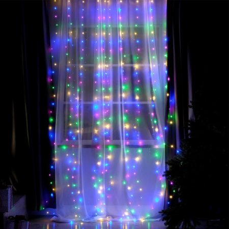 Гирлянда «Занавес» 2.8×3 м роса на крючках, с пультом,серебр. нить, 300 LED,свечение мульти /4814715