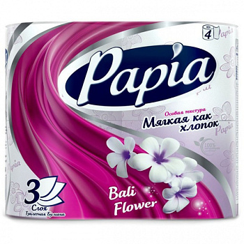 Туалетная бумага PAPIA белая с ароматом Bali Flower и рисунком трёхслойная, 4 шт