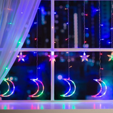 Гирлянда "Бахрома" 2.7 х 0.9 мс насадками "Месяц", IP20, прозрачная нить, 138 LED, свечение мульти