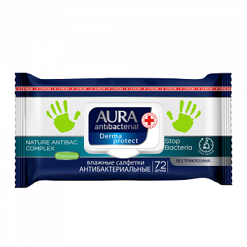 Влажные салфетки AURA Family 72шт. Антибактериальные 