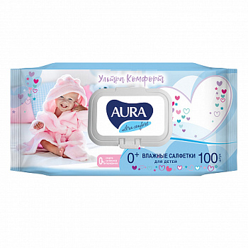 Салфетки влажные Аура детск. Ultra comfort алоэ и вит.Е 100шт с крышкой /10970